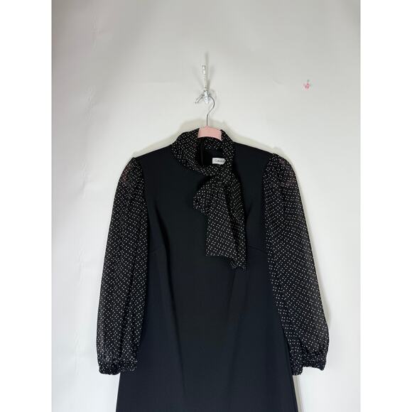 Calvin Klein Black w/ White Polka Dot Semi Sheer 3/4" Sleeves Midi Dress Size 8 - Picture 2 of 10